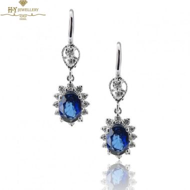 White Gold Oval Cut Royal Blue Sapphire & Brilliant Cut Diamond Earrings - 2.21ct
