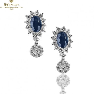 White Gold Oval Cut Royal Blue Sapphire & Brilliant Cut Diamond Earrings - 1.97ct
