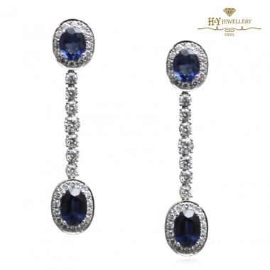White Gold Oval Cut Sapphire and Brilliant Diamond Drop Earrings - 4.81 ct