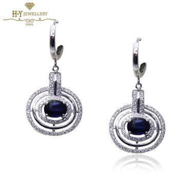 White Gold Oval Cut Sapphire & Brilliant Cut Diamond Earring - 2.85ct