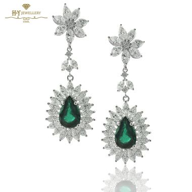 White Gold Pear Cut Emerald with Marquise & Brilliant Cut Diamond  Earrings - 5.88 ct