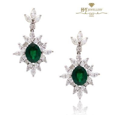 White Gold Oval Cut Emerald & Mix Cut Diamond Drop Venus Design Earrings - 5.89 ct