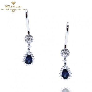 White Gold Pear Cut Royal Blue Sapphire & Brilliant Cut Diamond Earrings - 1.41ct