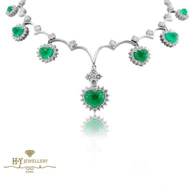 White Gold Heart Cut Emerald & Brilliant Cut Diamond Necklace & Earring Set - 10.42 ct