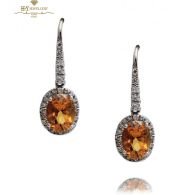 White Gold Oval Cut Orange Sapphire & Brilliant Cut Diamond Drop Earrings - 2.65 ct