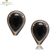 Rose Gold Pear Cut Black Onyx & Brilliant Cut Diamond Large Stud Earrings - 34.20ct