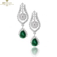 White Gold Pear Cut Emerald & Brilliant Cut Diamond Drop Earrings - 2.35ct