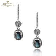 White Gold Oval Cut Sapphire & Brilliant Cut Diamonds Drop Earrings - 2.54ct