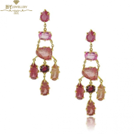 Yellow Gold Multi Cut Tourmalines Chandelier Earrings 