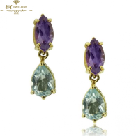 Yellow Gold Marquise Cut Amethyst & Pear Cut Blue Topaz Earrings