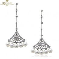 White Gold Pearl & Brilliant Cut Diamond Art Deco Earrings - 0.65ct