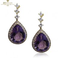 Yellow Gold Pear Cut Amethyst & Brilliant Cut Diamond Drop Earrings - 13.02ct