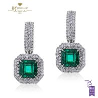 White Gold Emerald Cut Colombian Emerald & Brilliant Cut Diamond Earrings - 4.49 ct