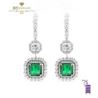 White Gold Square Emerald Cut Emerald  & Octagon with Brilliant Cut Diamond Earrings - 6.11ct