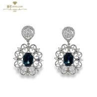 White Gold Oval Cut Sapphire & Brilliant Cut Diamond Earrings - 3.29ct