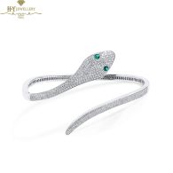 White Gold Snake Design Brilliant Cut  Diamond & Emerald Bangle - 1.69ct