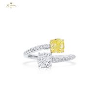 White Gold  Cushion Cut Fancy Yellow & White & Round White Diamond Ring - 2.17ct