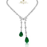 White Gold Pear Cut Emerald & Mix Cut Diamond Classic Sweeping Necklace - 5.94ct