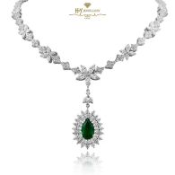 White Gold Pear Cut Emerald & Mix Cut Diamond Necklace - 6.38ct