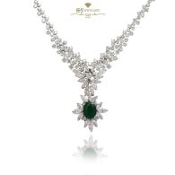 White Gold Oval Cut Emerald & Mix Cut Diamond Necklace - 7.67ct