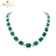 White Gold Emerald Cut Green Zambian Emerald & Brilliant Cut Diamond Necklace - 118.54 ct