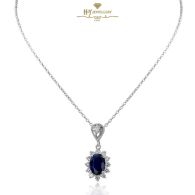 White Gold Oval Cut Royal Blue Sapphire & Brilliant Cut Diamond Pendant - 1.02ct