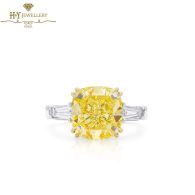 White Gold Cushion Cut Fancy Yellow Diamond & Tapered Cut Diamond Ring - 6.41 ct 