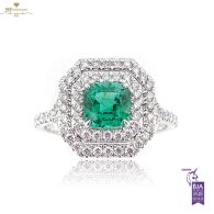 White Gold Cushion Cut Natural Zambian Emerald & Brilliant Cut Diamond Ring - 1.60ct