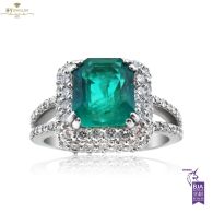 White Gold Emerald Cut Bluish Green Emerald & Brilliant Cut Diamond Ring - 3.50ct