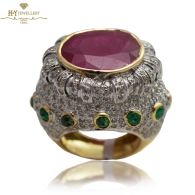 Yellow & White Gold Brilliant Cut Emerald and Diamond & Oval Cut Ruby Ring - 14.74ct