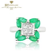 White Gold Marquise Cut Emerald & Brilliant Cut Diamond Ring - 1.55 ct