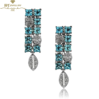 White Gold Princess Cut Blue Topaz & Brilliant Cut Diamond Drop Earrings - 7.34ct