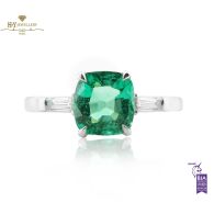 White Gold Cushion Cut Green Natural Zambian Emerald & Baguette Cut Diamond Ring - 1.35ct