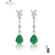 White Gold Pear Cut Emerald & Brilliant Cut Diamond Earrings - 3.59 ct