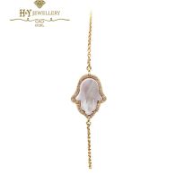 Yellow Gold Mother of Pearl & Brilliant Cut Diamond Fatima Hand Bracelet -0.16ct