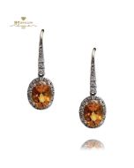 White Gold Oval Cut Orange Sapphire & Brilliant Cut Diamond Drop Earrings - 2.65 ct