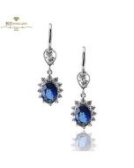White Gold Oval Cut Royal Blue Sapphire & Brilliant Cut Diamond Earrings - 2.21ct