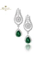 White Gold Pear Cut Emerald & Brilliant Cut Diamond Drop Earrings - 2.35ct