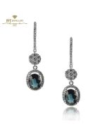 White Gold Oval Cut Sapphire & Brilliant Cut Diamonds Drop Earrings - 2.54ct