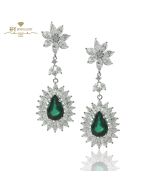 White Gold Pear Cut Emerald with Marquise & Brilliant Cut Diamond  Earrings - 5.88 ct