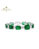 White Gold Emerald Cut Emerald Gemstone & Brilliant Cut Diamond Tennis Bracelet - 38.99 ct
