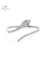 White Gold Snake Design Brilliant Cut  Diamond & Emerald Bangle - 1.69ct