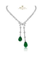 White Gold Pear Cut Emerald & Mix Cut Diamond Classic Sweeping Necklace - 5.94ct