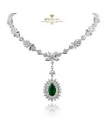 White Gold Pear Cut Emerald & Mix Cut Diamond Necklace - 6.38ct