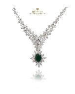 White Gold Oval Cut Emerald & Mix Cut Diamond Necklace - 7.67ct