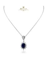White Gold Oval Cut Royal Blue Sapphire & Brilliant Cut Diamond Pendant - 1.02ct