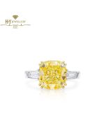 White Gold Cushion Cut Fancy Yellow Diamond & Tapered Cut Diamond Ring - 6.41 ct 