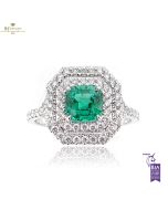 White Gold Cushion Cut Natural Zambian Emerald & Brilliant Cut Diamond Ring - 1.60ct