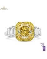 White Gold Radiant Cut Fancy Yellow Diamond & Tapered Cut Diamond Ring - 3.14ct