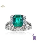White Gold Emerald Cut Bluish Green Emerald & Brilliant Cut Diamond Ring - 3.50ct